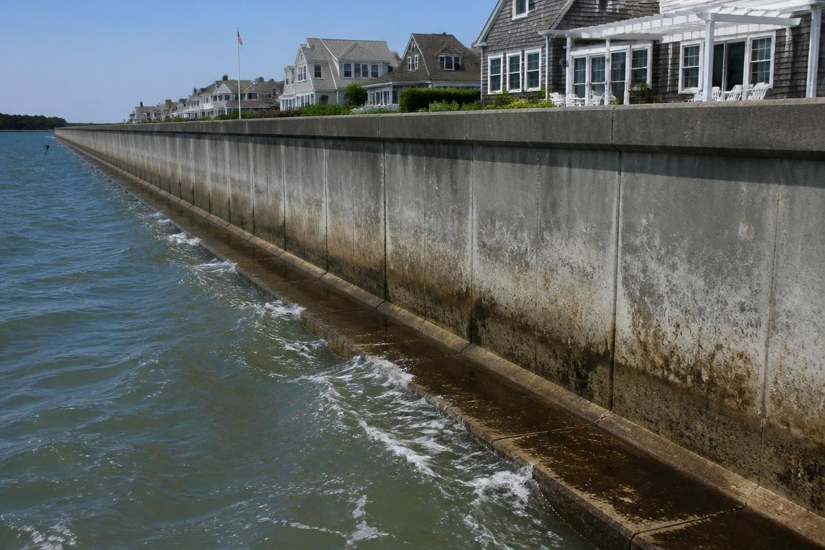 Constructed concrete coastal seawall with tide staining as saltwater washes against its face