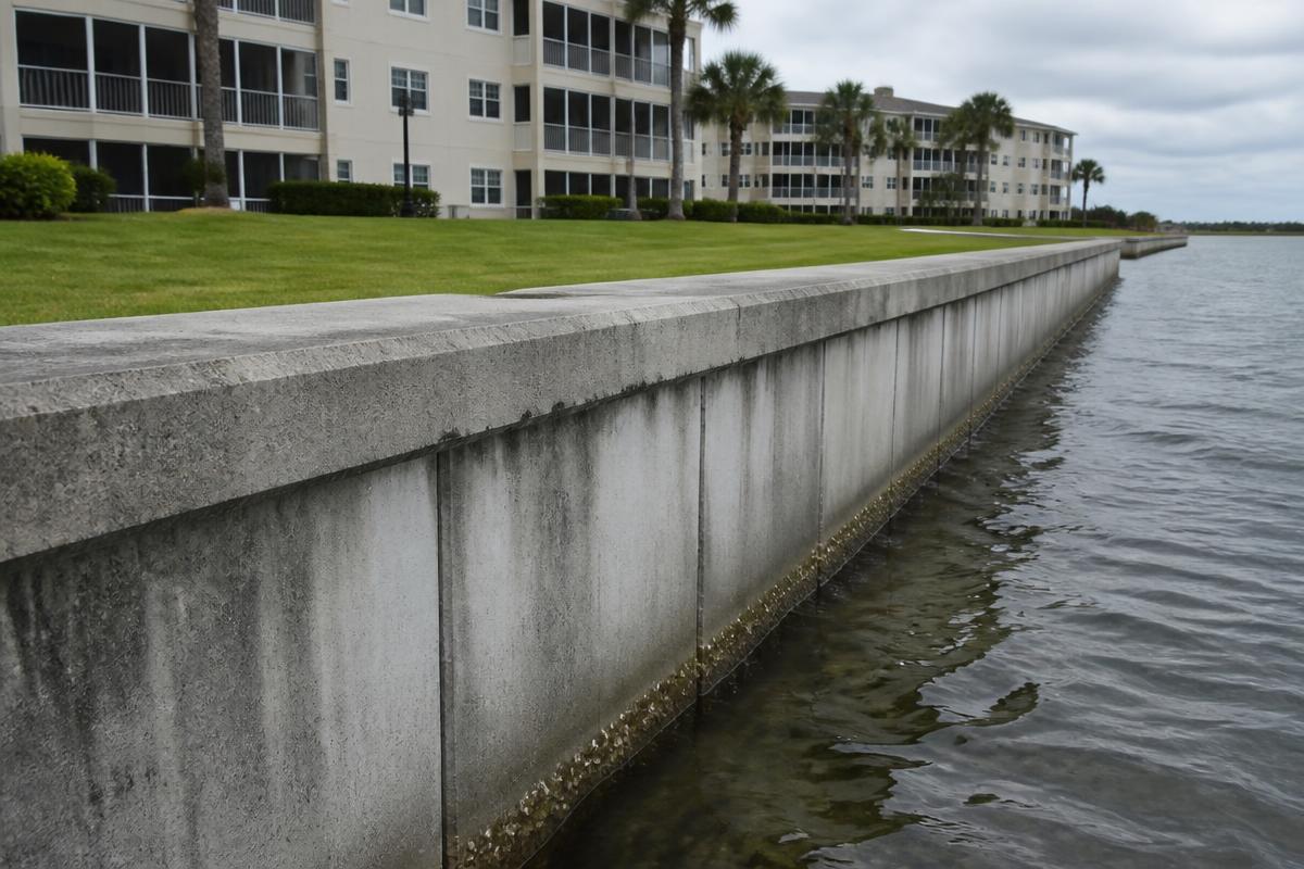 Substantial concrete seawall protecting the common lawn of a waterfront condominium community