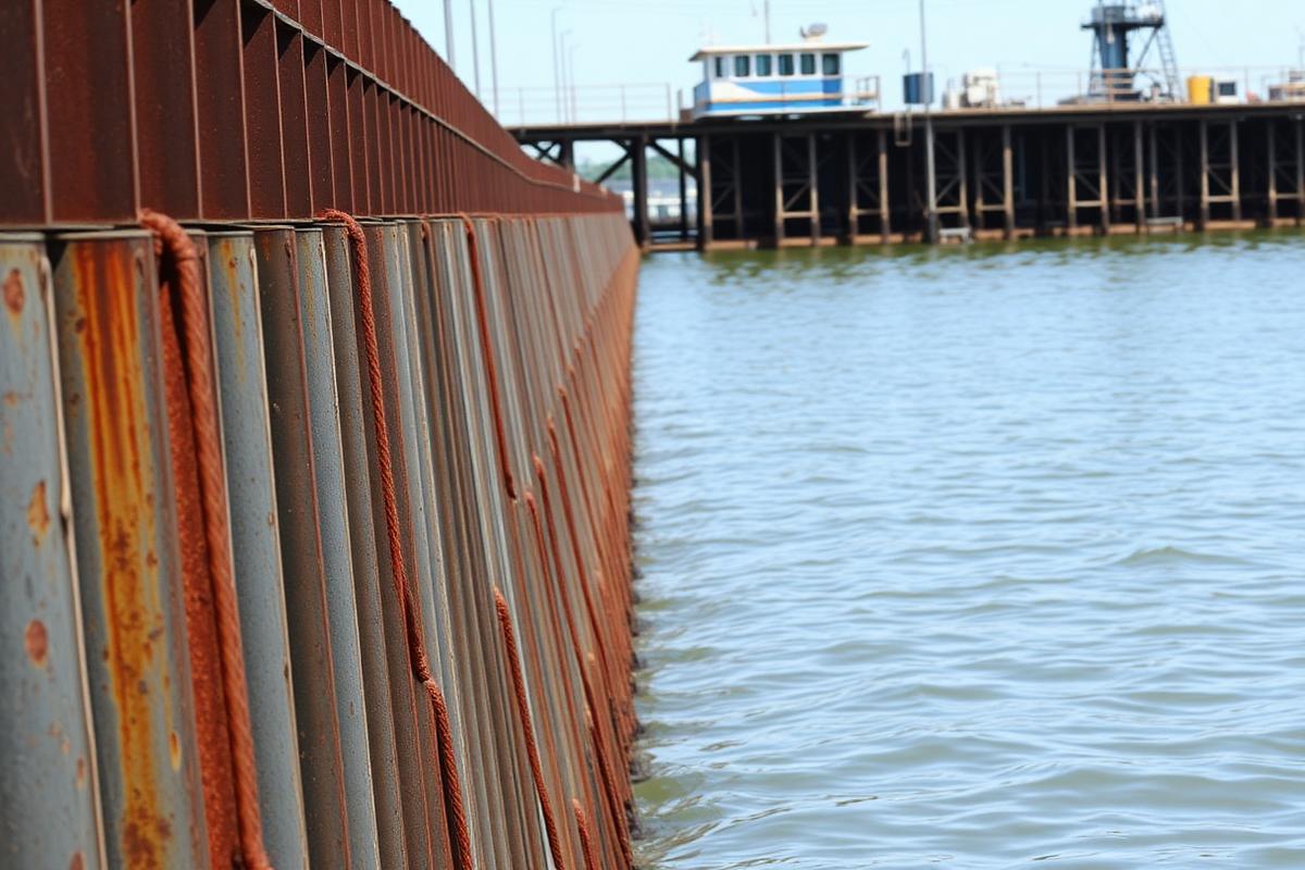 Steel sheet pile seawall lining a river bank next to a commercial dock